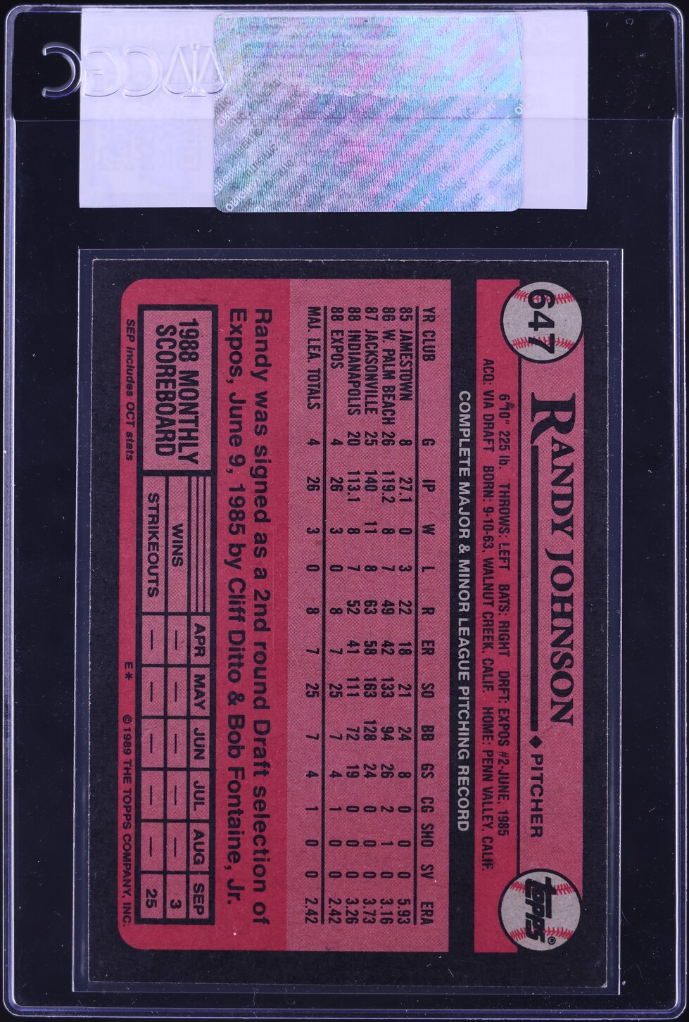 1989 Topps Randy Johnson ROOKIE #647 CGC AUTH