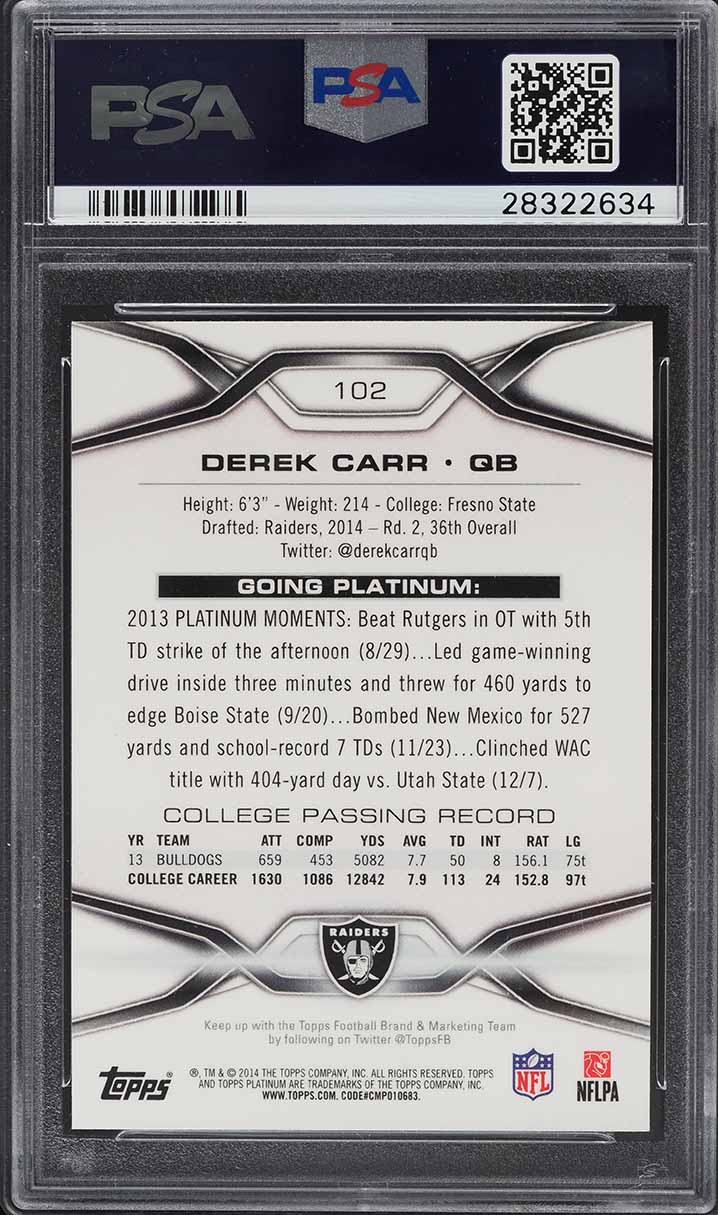 2014 Topps Platinum Orange Refractor Derek Carr ROOKIE #102 PSA 10 GEM MINT