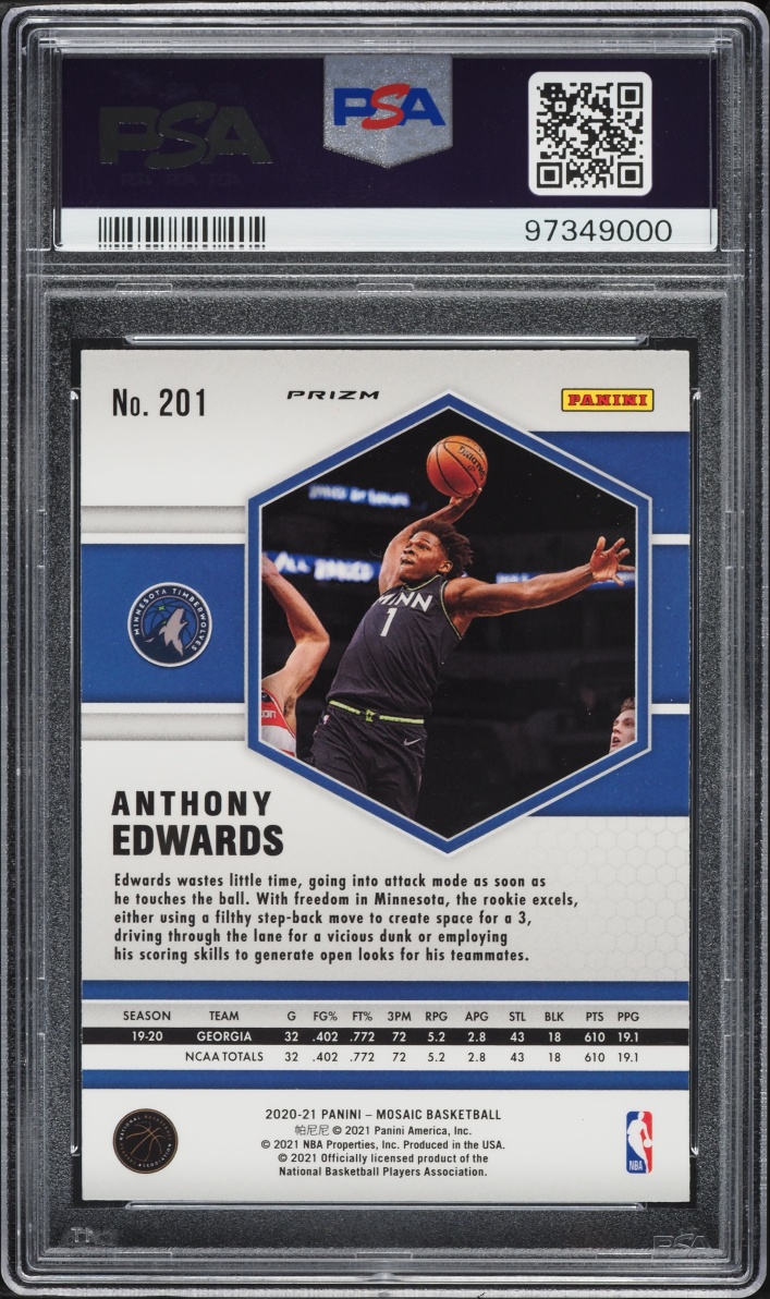 2020 Panini Mosaic Reactive Blue Anthony Edwards ROOKIE #201 PSA 10 GEM MINT