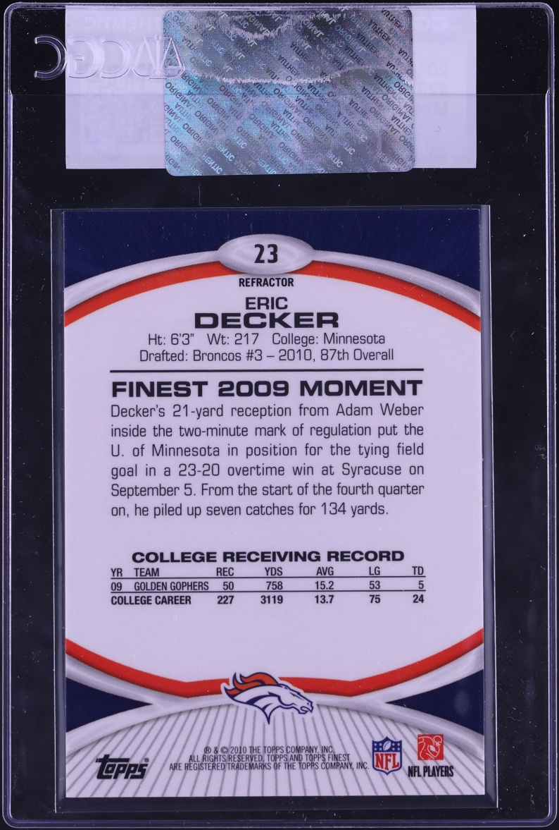 2010 Finest Mosaic Refractor Eric Decker ROOKIE /10 #23 CGC AUTH - Photo 2