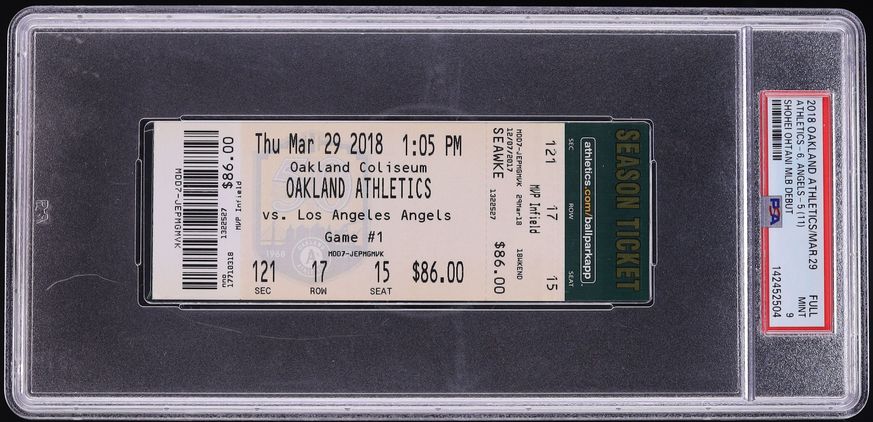 2018 Oakland Athletics Vs. Los Angeles Angels Full Ticket Shohei Ohtani MLB Debut PSA 9 MINT