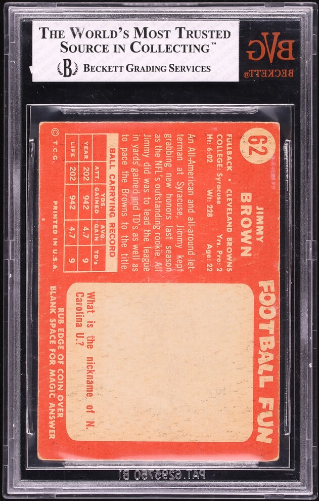 1958 Topps Football Jim Brown ROOKIE #62 BVG 3.5 VG+