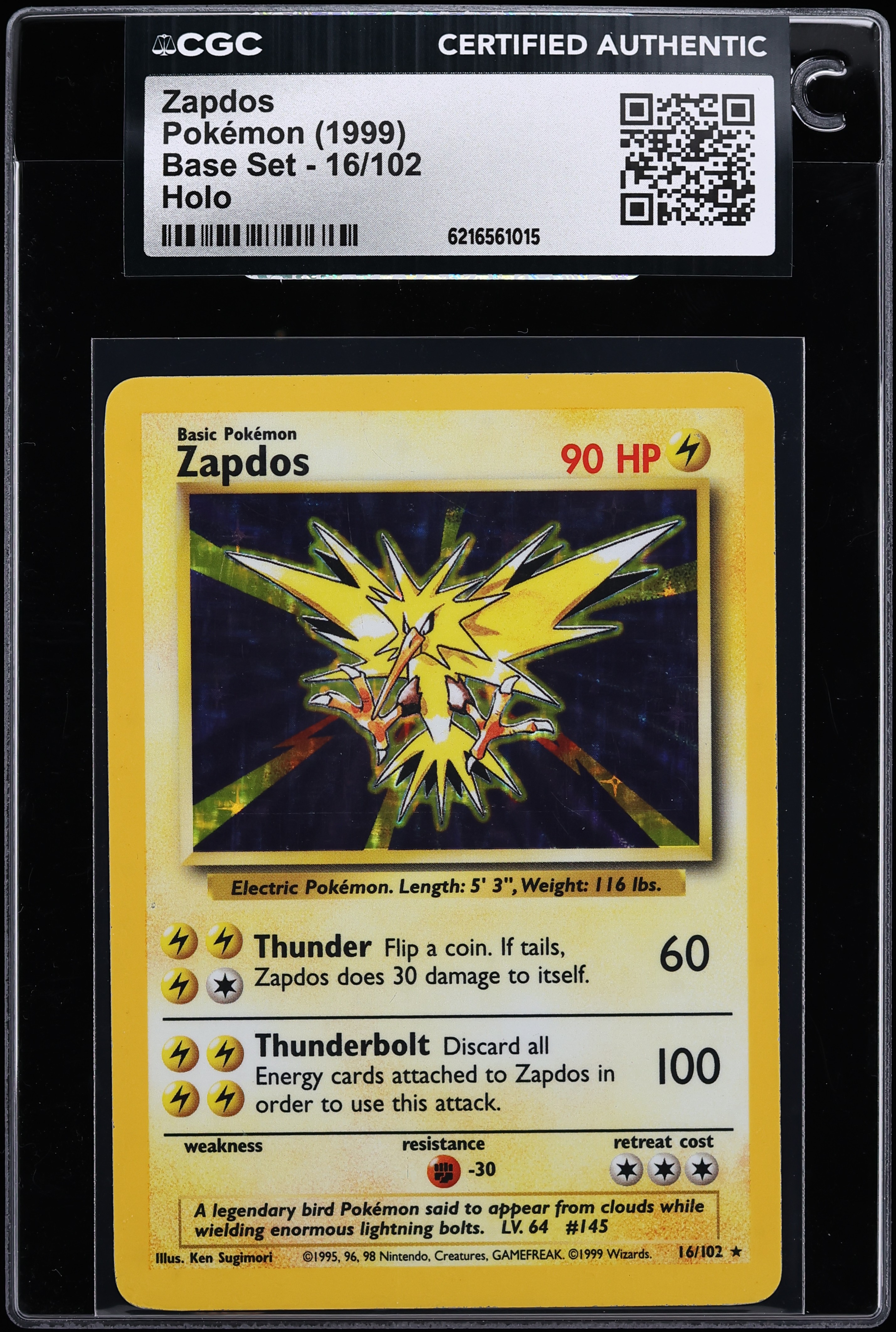 1999 Pokemon Base Set Holo Zapdos #16 CGC AUTH
