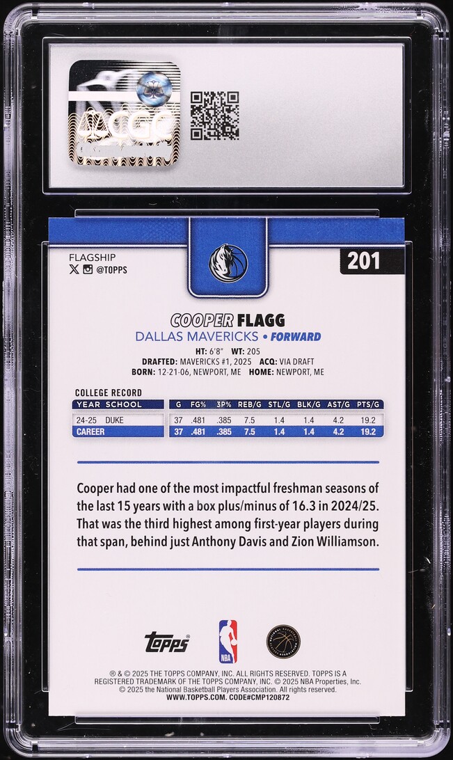 2025 Topps Basketball Cooper Flagg ROOKIE #201 CGC 8.5 NM-MT+