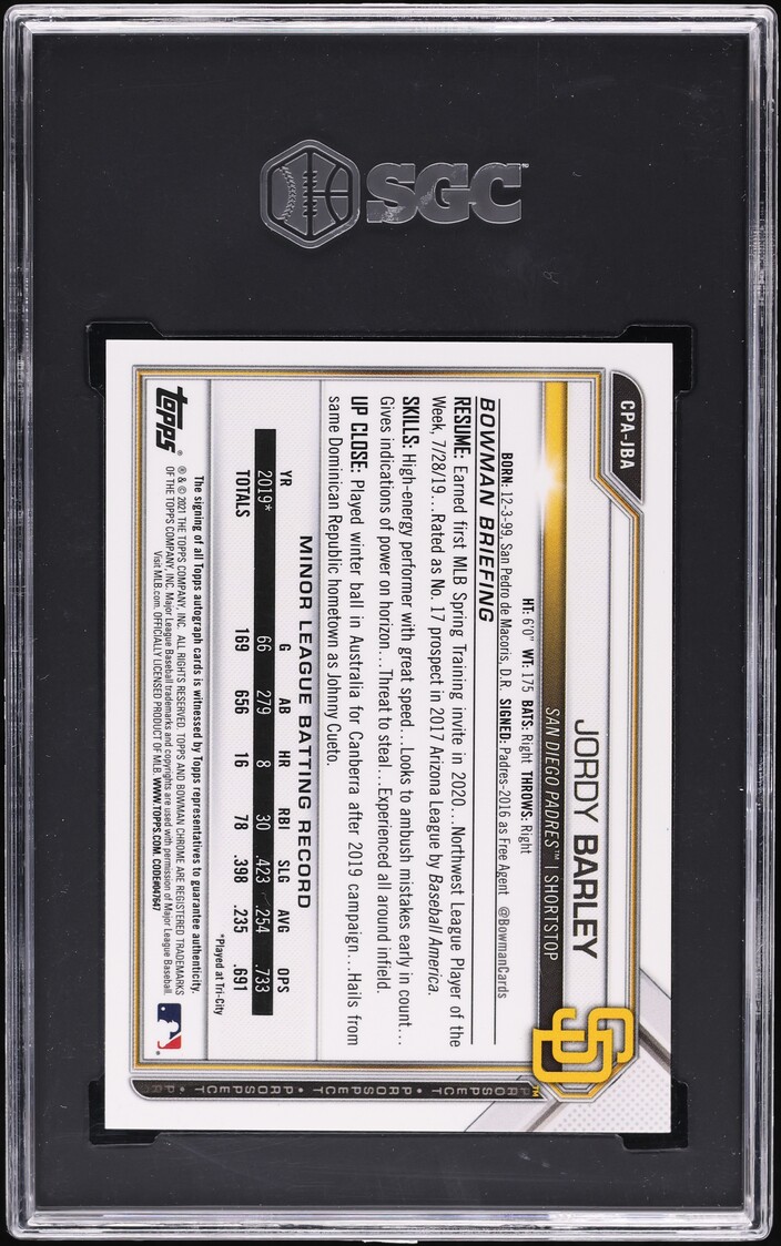2021 Bowman Chrome Jordy Barley PROSPECT AUTO #CPA-JBA SGC 10 GEM MINT