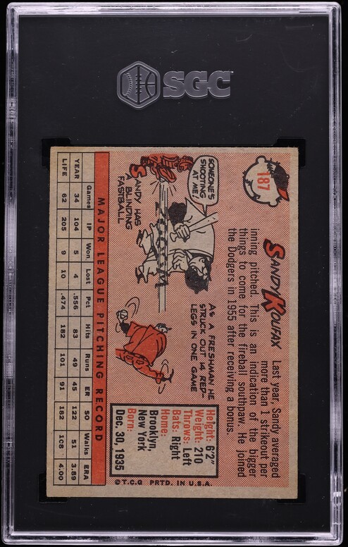 1958 Topps Sandy Koufax #187 SGC 5 EX