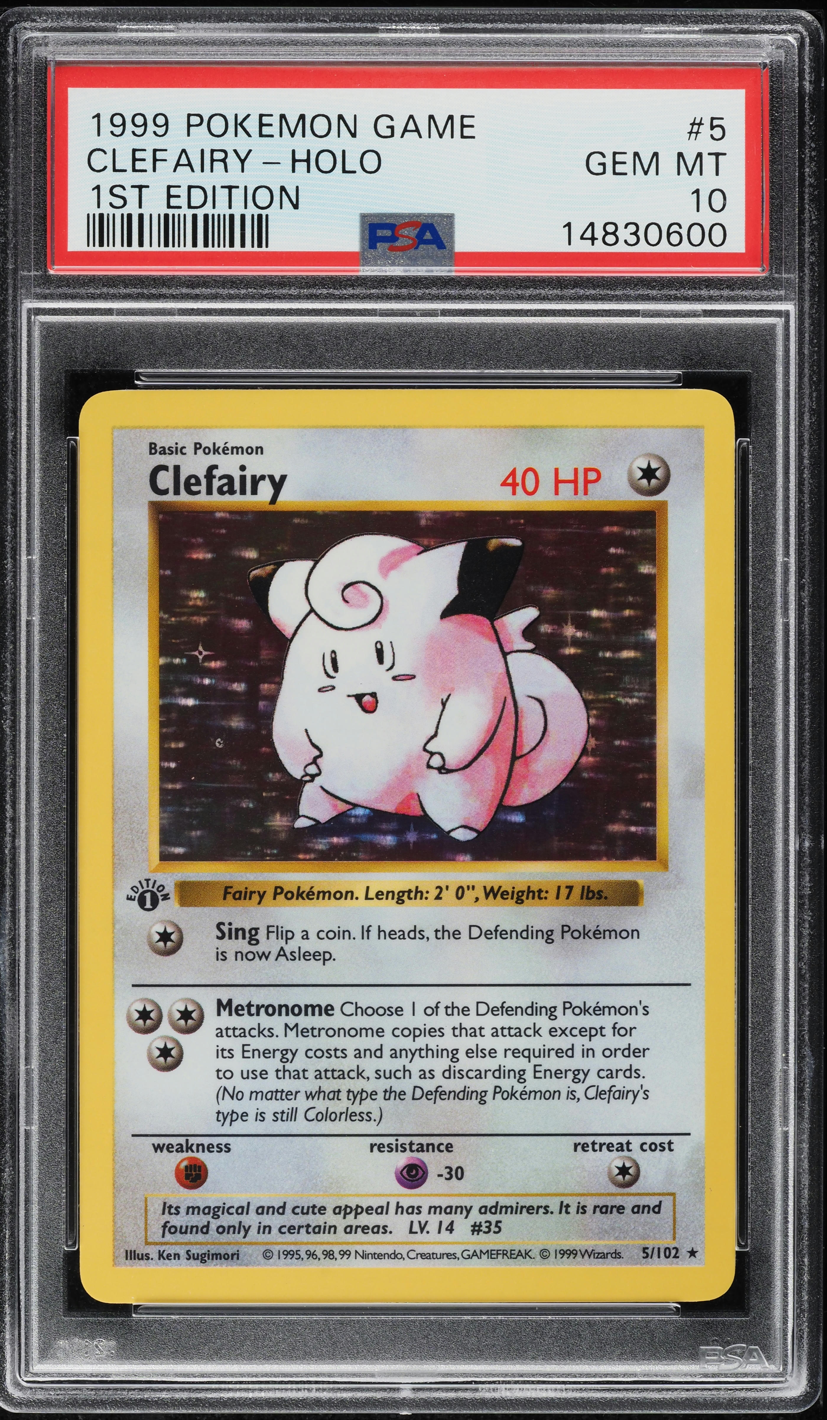 1999 Pokemon Base Set Shadowless 1st Edition Holo Clefairy #5 PSA 10 GEM MINT