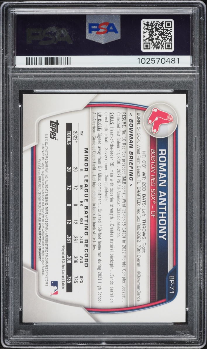 2023 Bowman Paper Roman Anthony PROSPECT #BP-71 PSA 10 GEM MINT