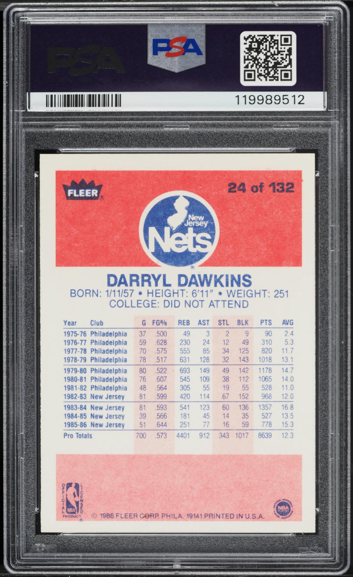 1986 Fleer Basketball Darryl Dawkins #24 PSA 7 NRMT
