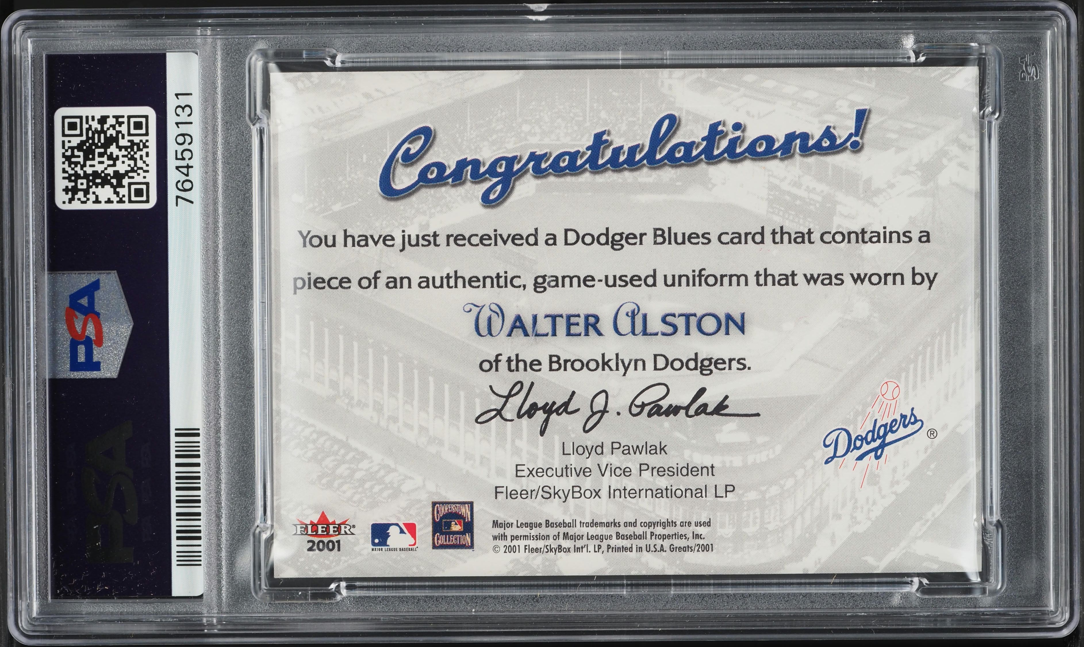 2001 Fleer Greats Dodger Blues Uniform Walter Alston PATCH PSA 10 GEM MINT