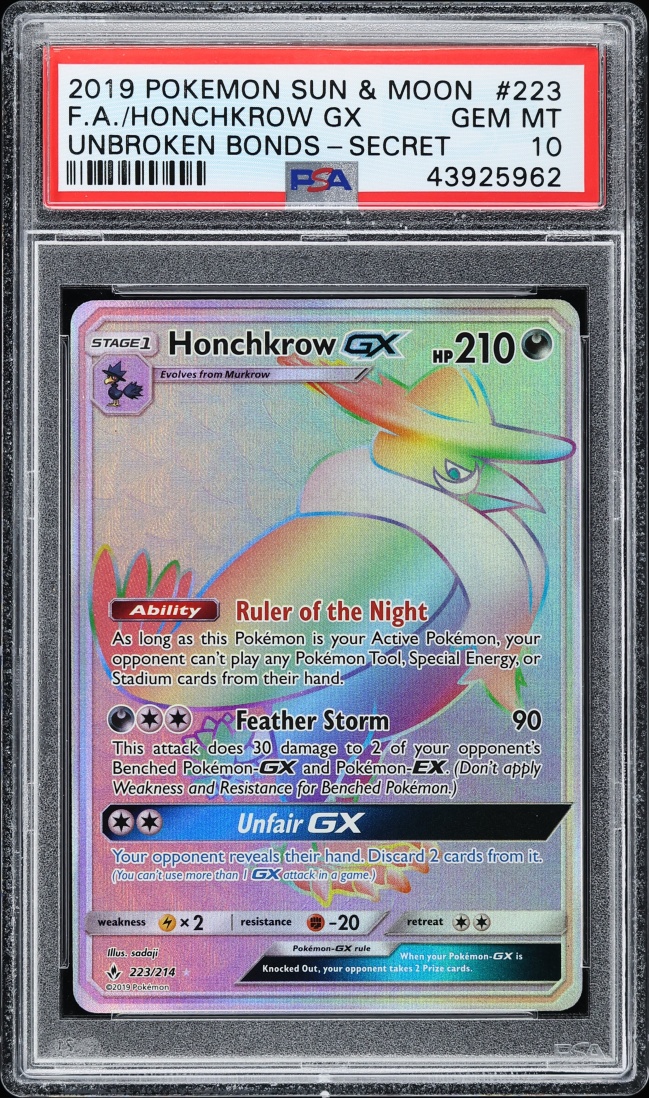 2019 Pokemon Sun & Moon Unbroken Bonds Rainbow Rare Honchkrow GX #223 PSA 10 GEM MINT