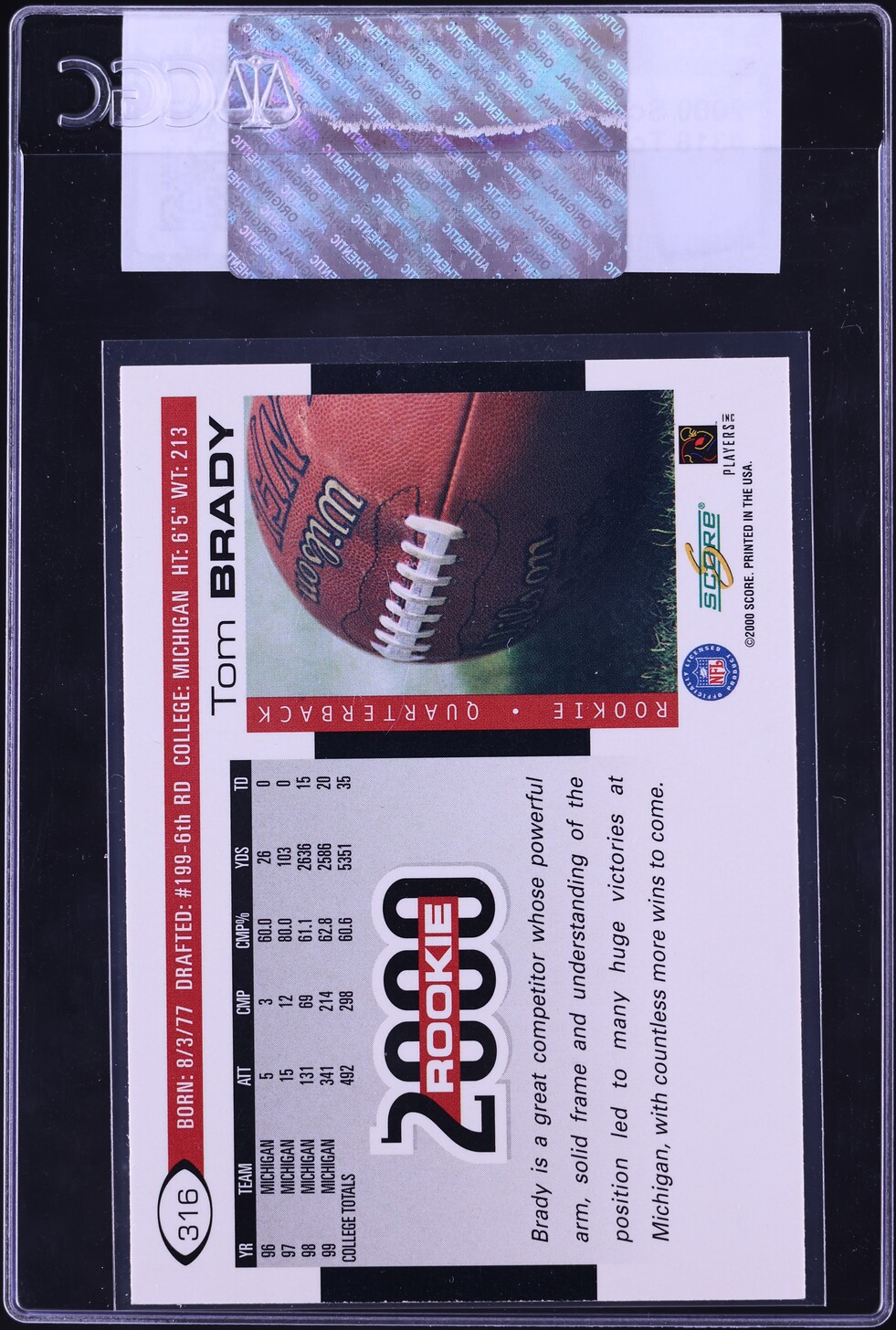 2000 Score Football Tom Brady ROOKIE #316 CGC AUTH