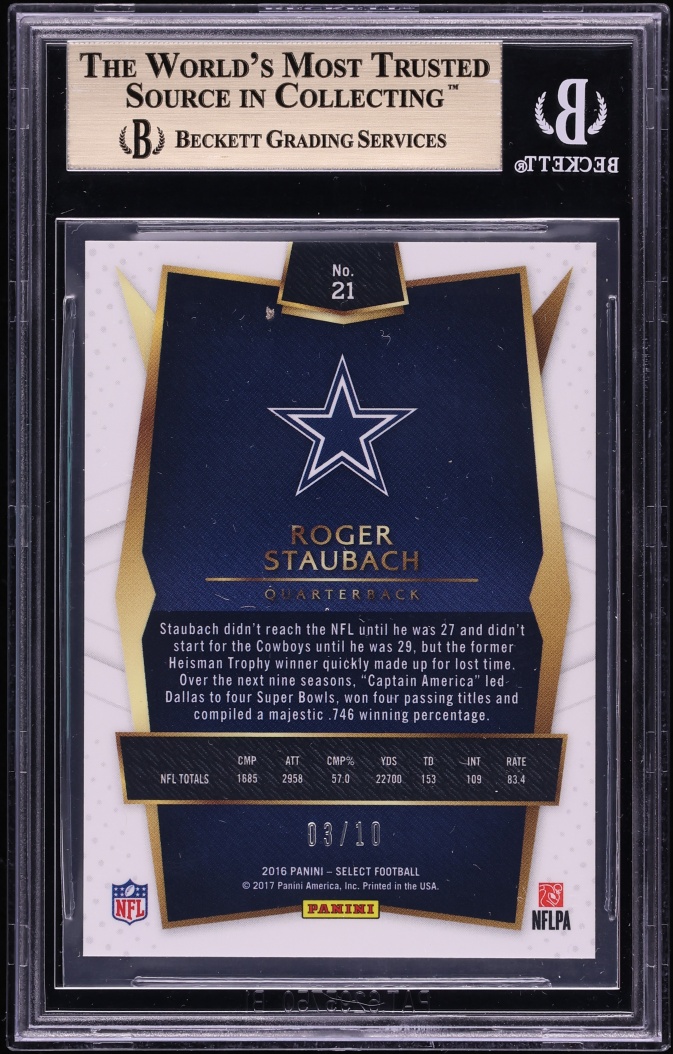 2016 Select Gold Prizm Roger Staubach /10 #21 BGS 9.5 GEM MINT - Photo 2