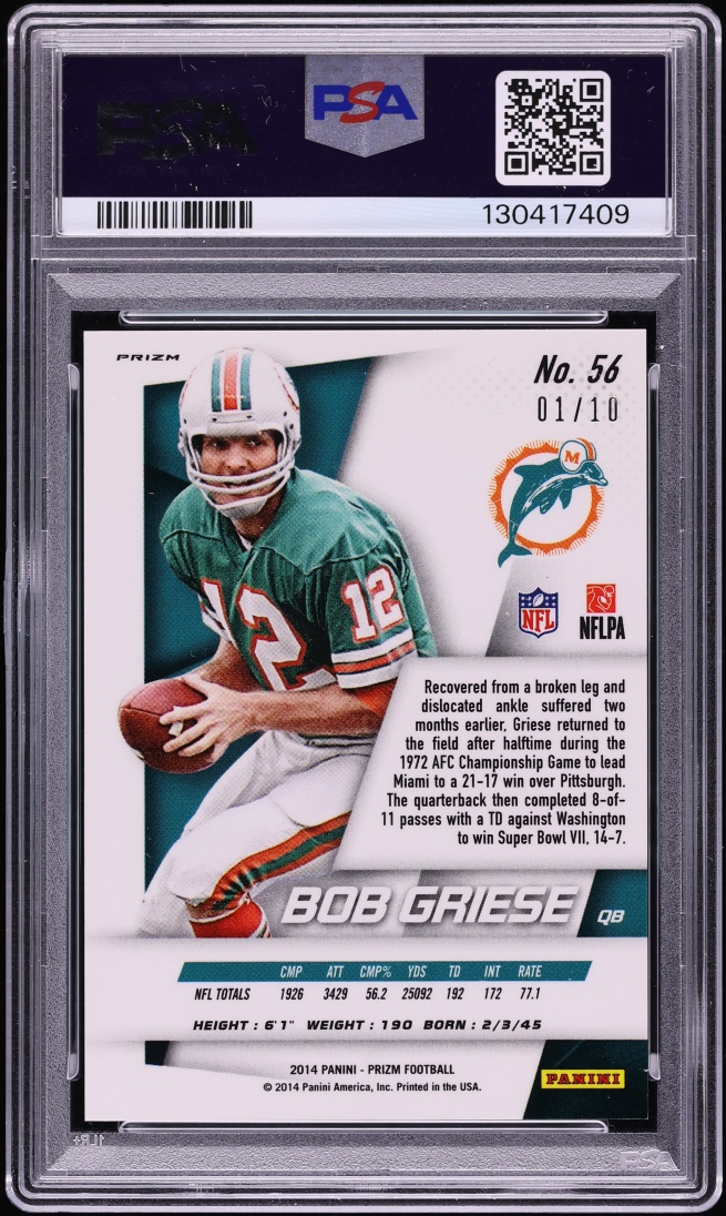 2014 Panini Prizm Gold Bob Griese 1/10 #56 PSA 9 MINT - Photo 2