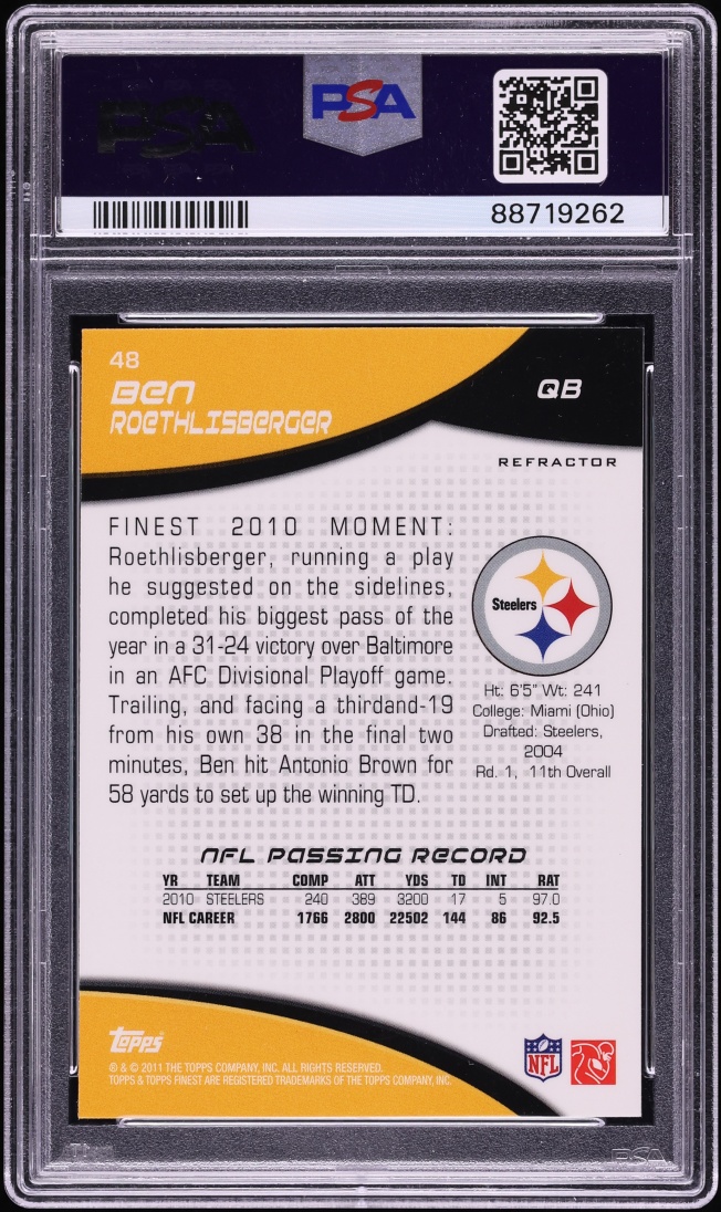 2011 Finest Refractor Ben Roethlisberger #48 PSA 10 GEM MINT - Photo 2