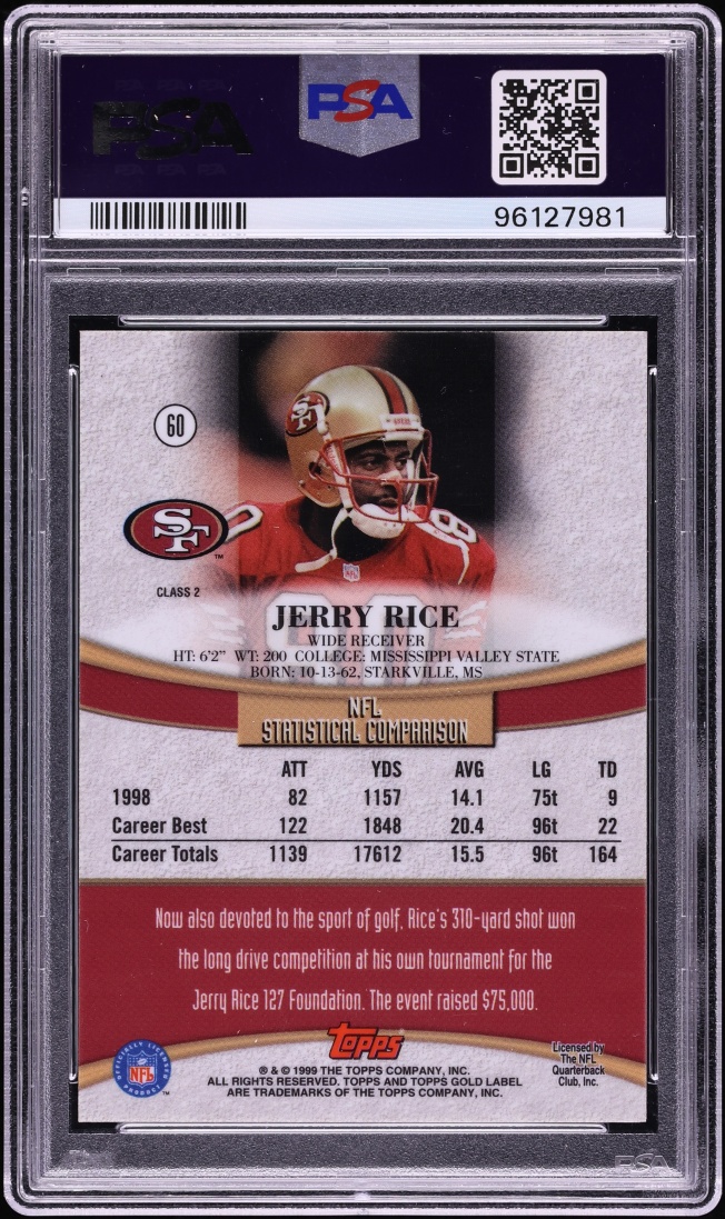 1999 Topps Gold Label Class 2 Jerry Rice #60 PSA 9 MINT - Photo 2