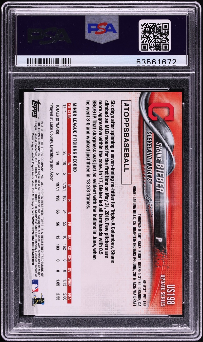 2018 Topps Update Shane Bieber ROOKIE #US198 PSA 10 GEM MINT
