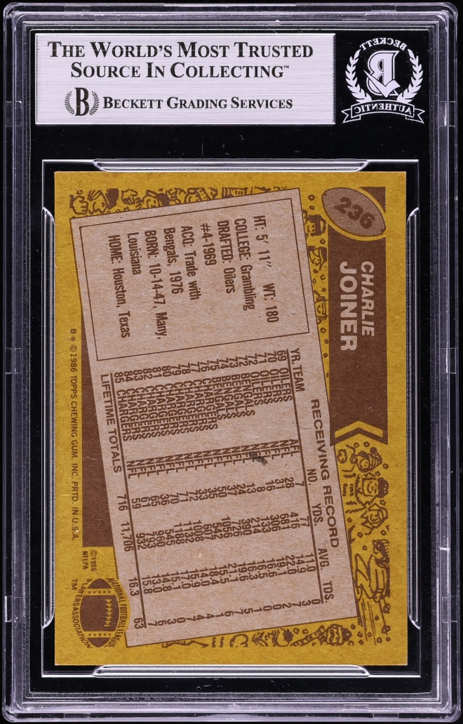 1986 Topps Football Charlie Joiner AUTO #236 BGS AUTH