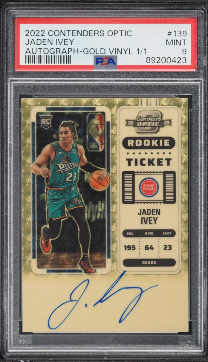 2022 Panini Contenders Optic Ticket Gold Vinyl Prizm Jaden Ivey ROOKIE AUTO 1/1 #139 PSA 9 MINT