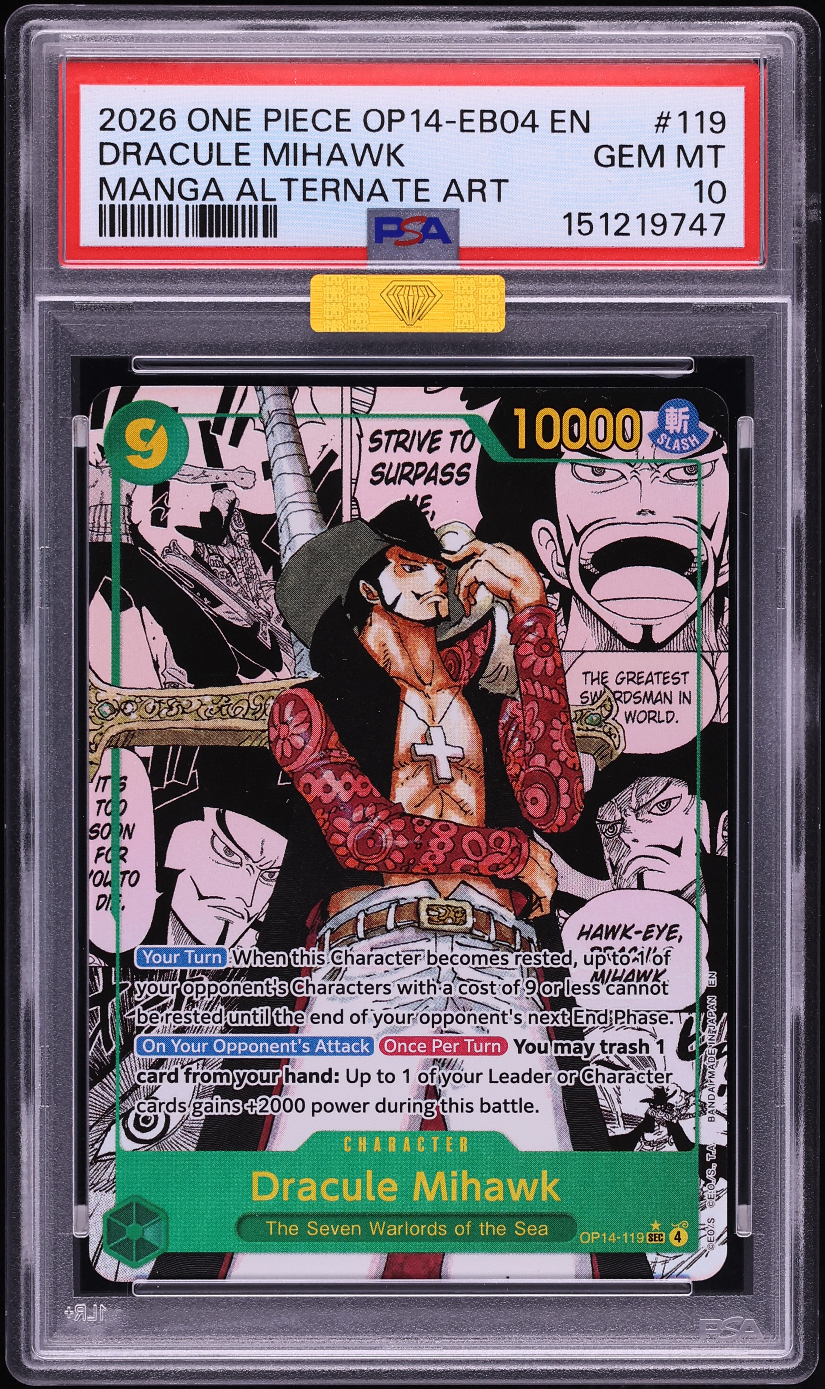 2026 One Piece The Azure Sea's Seven Manga Art Dracule Mihawk #OP14-119 MBA PSA 10 GEM MINT