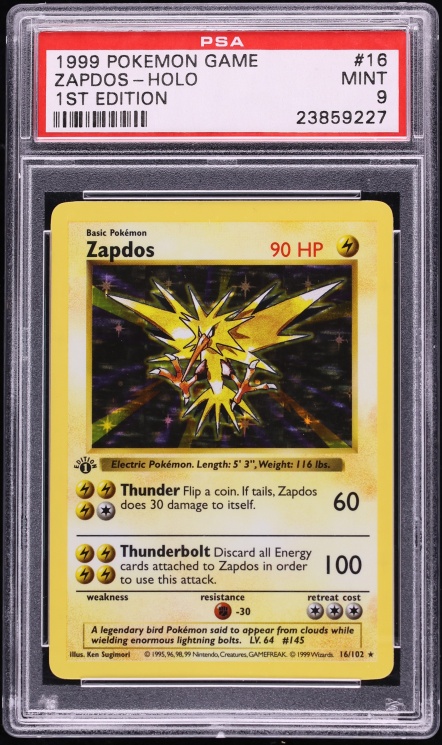 1999 Pokemon Base Set Shadowless 1st Edition Holo Zapdos #16 PSA 9 MINT