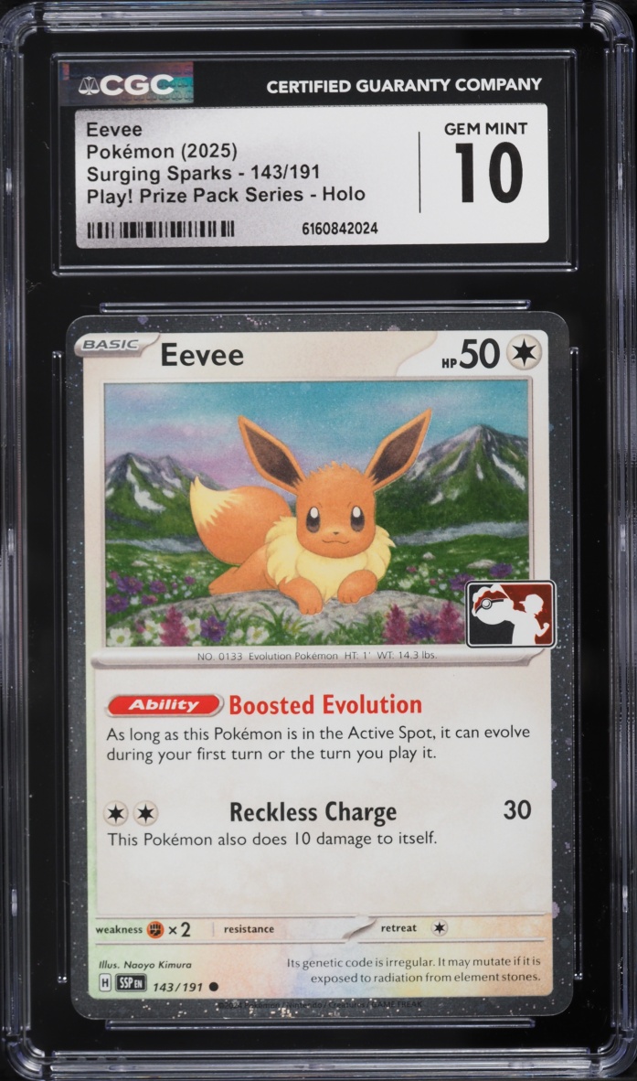 2025 Pokemon Scarlet & Violet Surging Sparks Play! Prize Pack Holo Eevee #143 CGC 10 GEM MINT