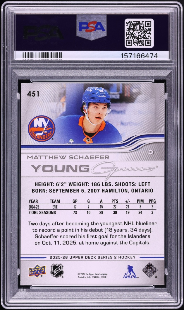 2025 Upper Deck Young Guns Matthew Schaefer ROOKIE #451 PSA 10 GEM MINT
