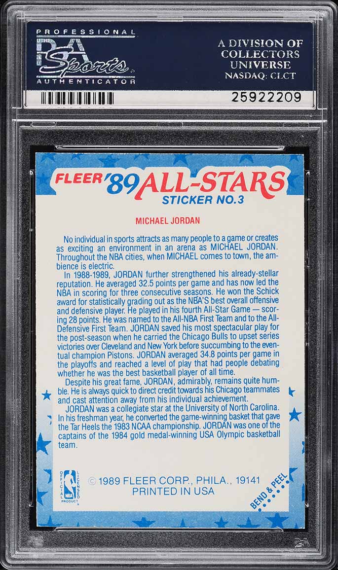 1989 Fleer Sticker Michael Jordan #3 PSA 9 MINT - Photo 2