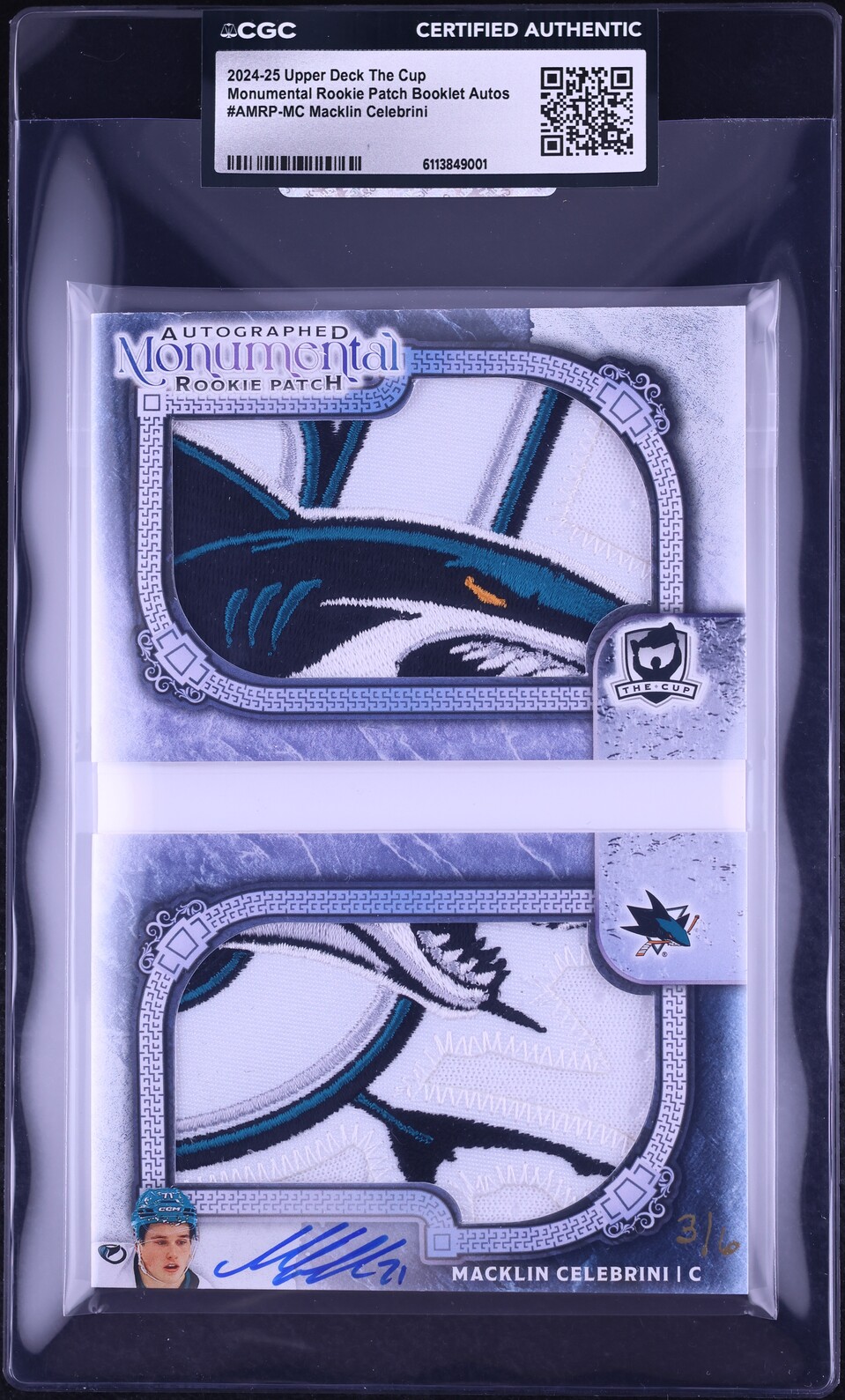 2024 Upper Deck The Cup Monumental Booklet Macklin Celebrini ROOKIE PATCH AUTO /6 CGC AUTH
