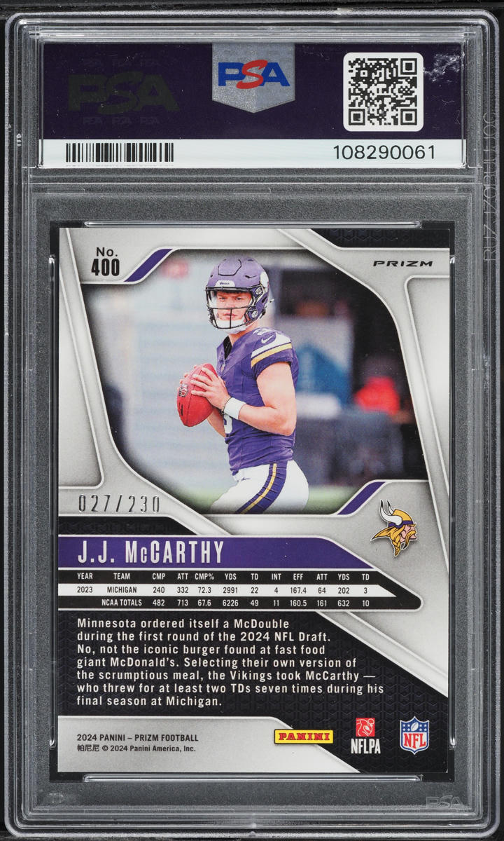 ヨッシー0303 2024 Panini Prizm Blue Wave JJ McCarthy ROOKIE /230 #400 PSA