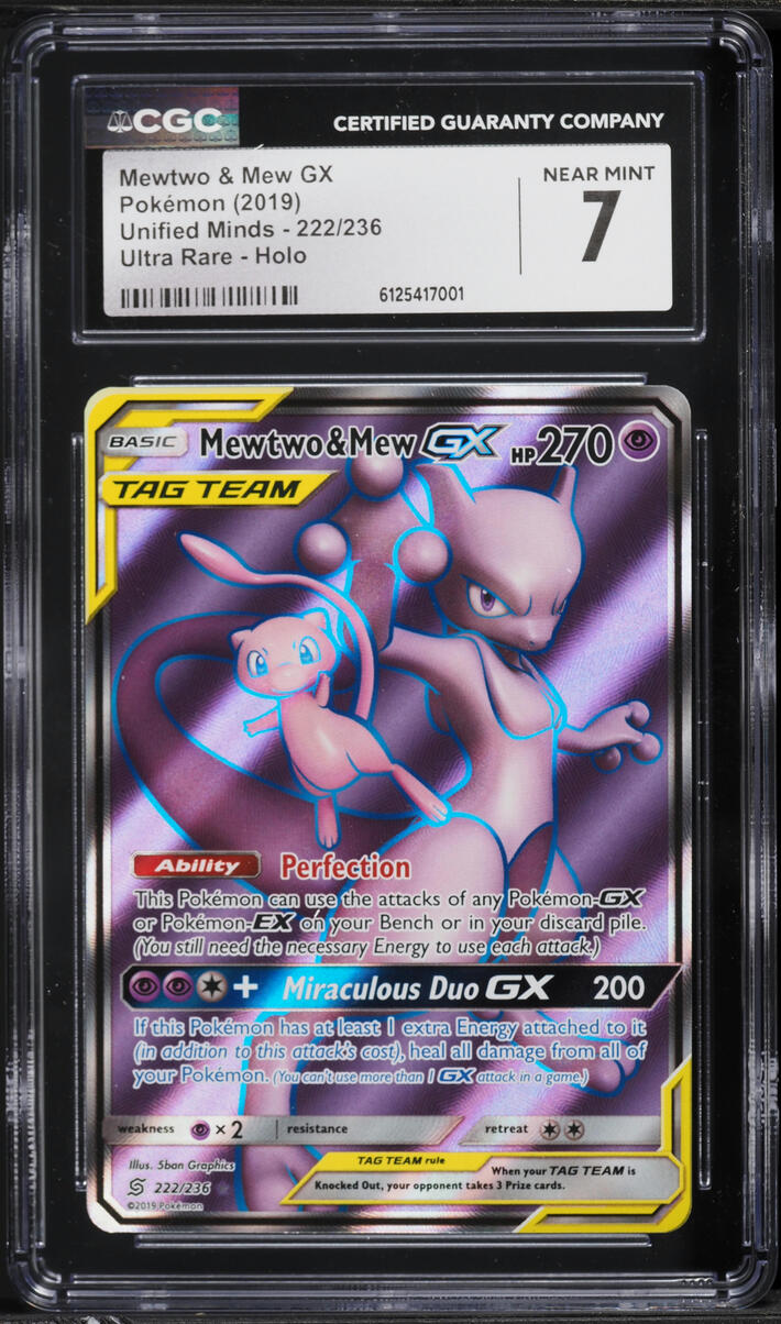 2019 Pokemon Sun & Moon Unified Minds Full Art Mewtwo & Mew GX #222 CGC 7 NRMT