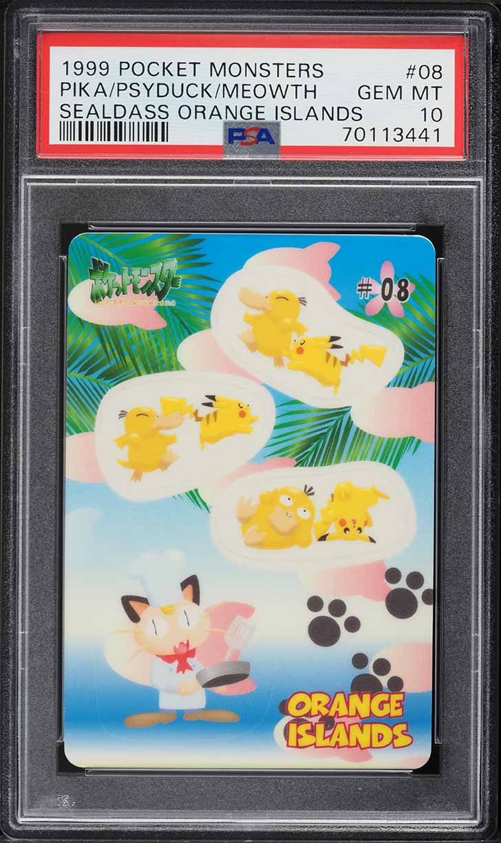 1999 Pokemon Japanese Bandai Sealdass Orange Islands Sticker Pikachu Psyduck Meowth #8 PSA 10