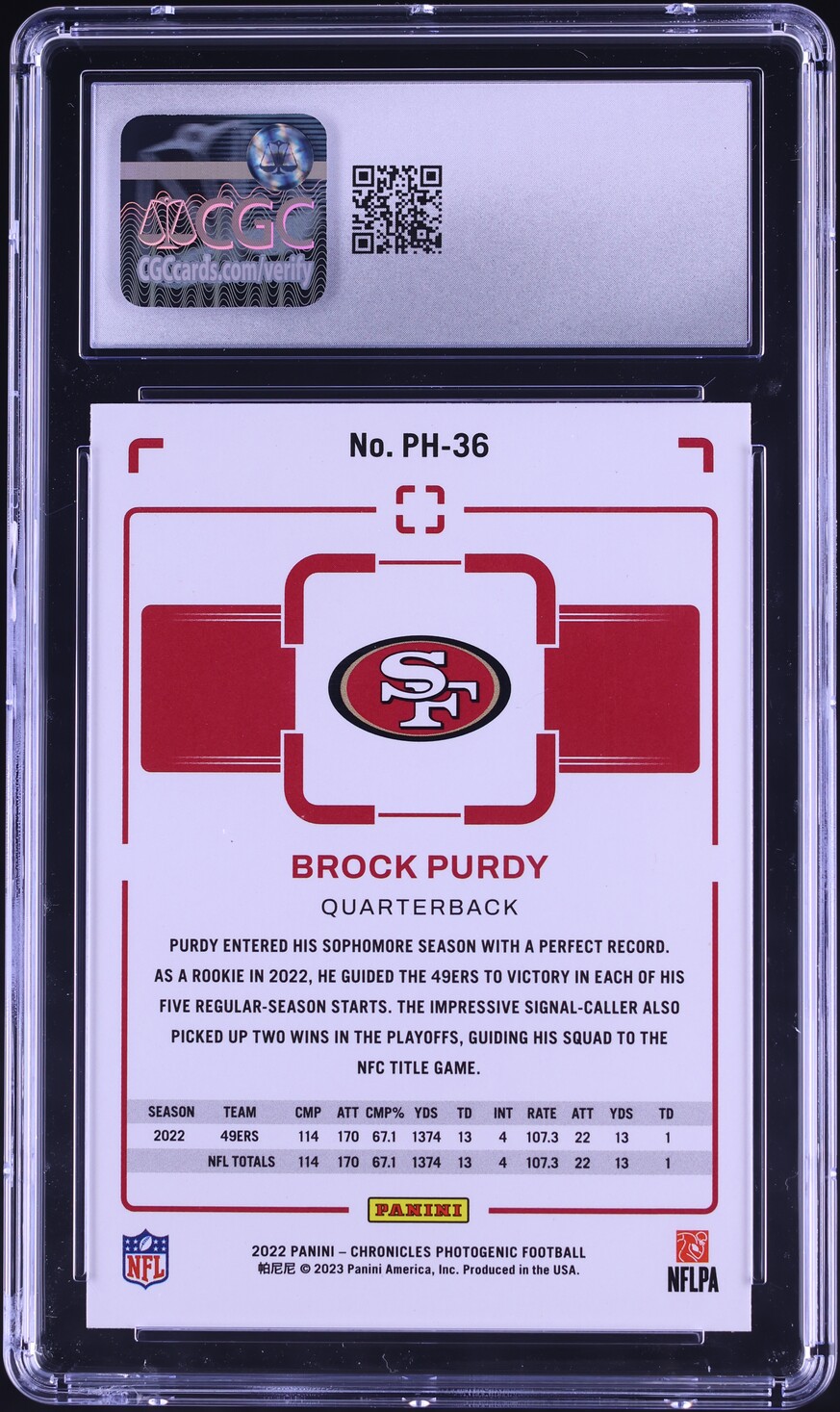 2022 Panini Chronicles Photogenic Brock Purdy ROOKIE #PH-36 CGC 9 MINT
