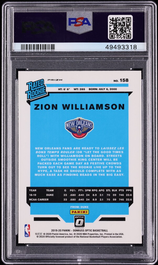 2019 Donruss Optic Holo Zion Williamson ROOKIE #158 PSA 10 GEM MINT