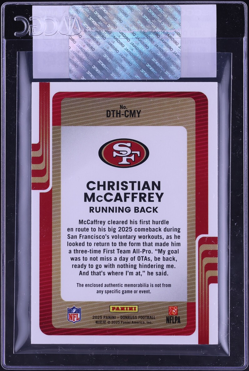2025 Donruss Threads Laundry Tag Brand Logo Christian McCaffrey NIKE PATCH 1/1 #DTHCMY CGC AUTH - Photo 2