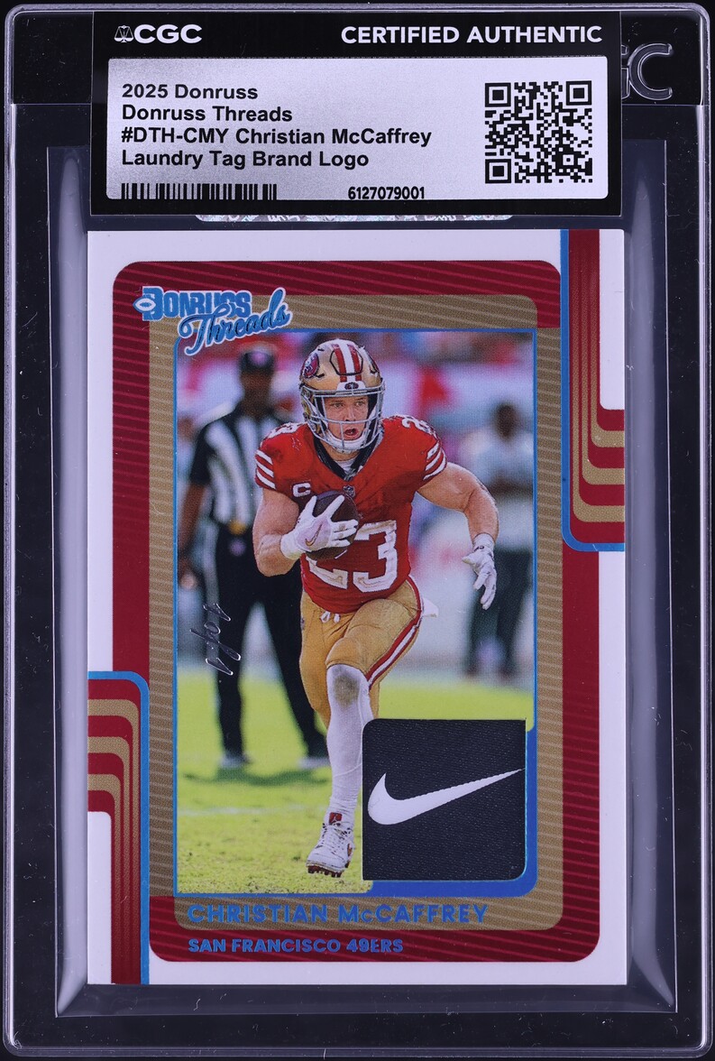 2025 Donruss Threads Laundry Tag Brand Logo Christian McCaffrey NIKE PATCH 1/1 #DTHCMY CGC AUTH - Photo 1