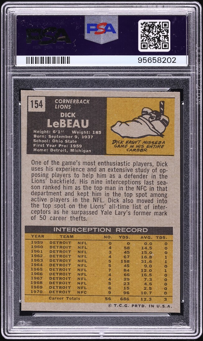 1971 Topps Football Dick Lebeau #154 PSA 6 EXMT