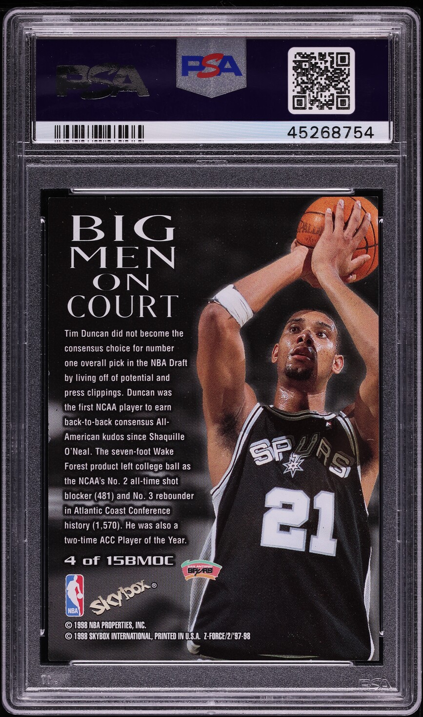 1997 Skybox Z-Force Big Men On Court Tim Duncan ROOKIE #4 PSA 10 GEM MINT
