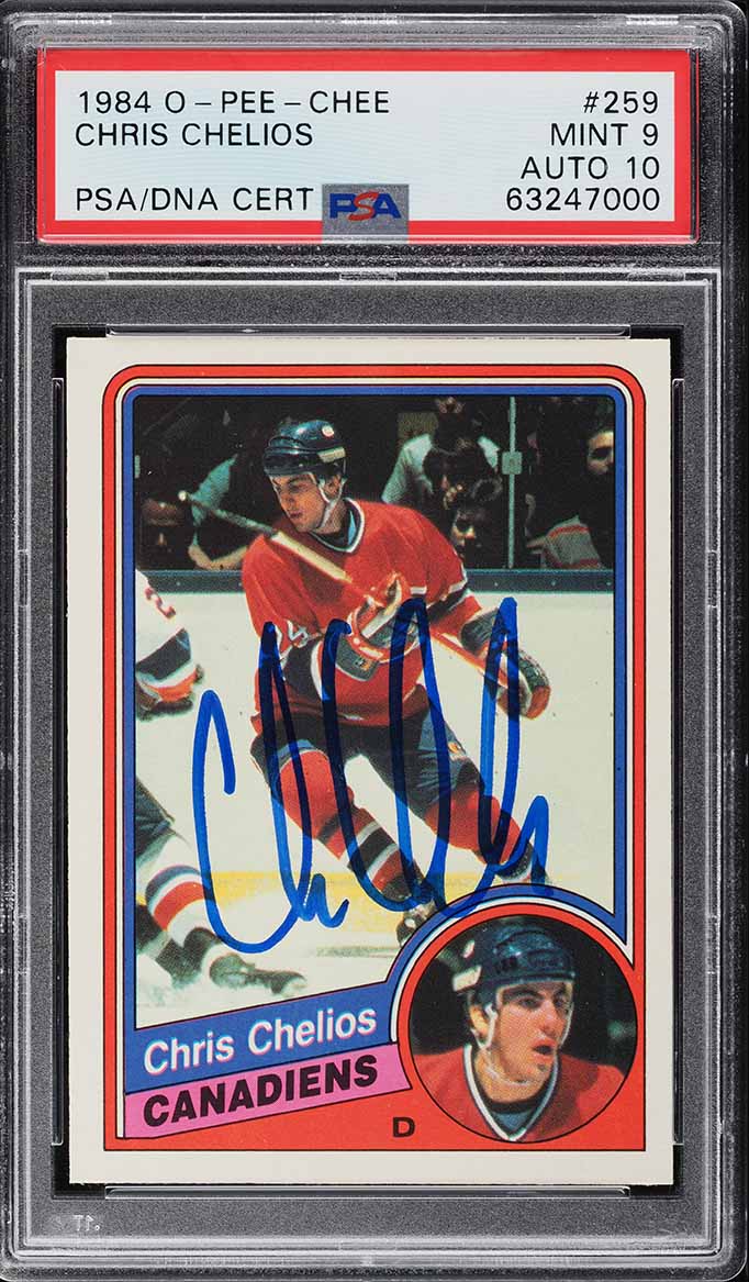1984 O-Pee-Chee Hockey Chris Chelios ROOKIE AUTO DNA 10 #259 PSA 9 MINT ...
