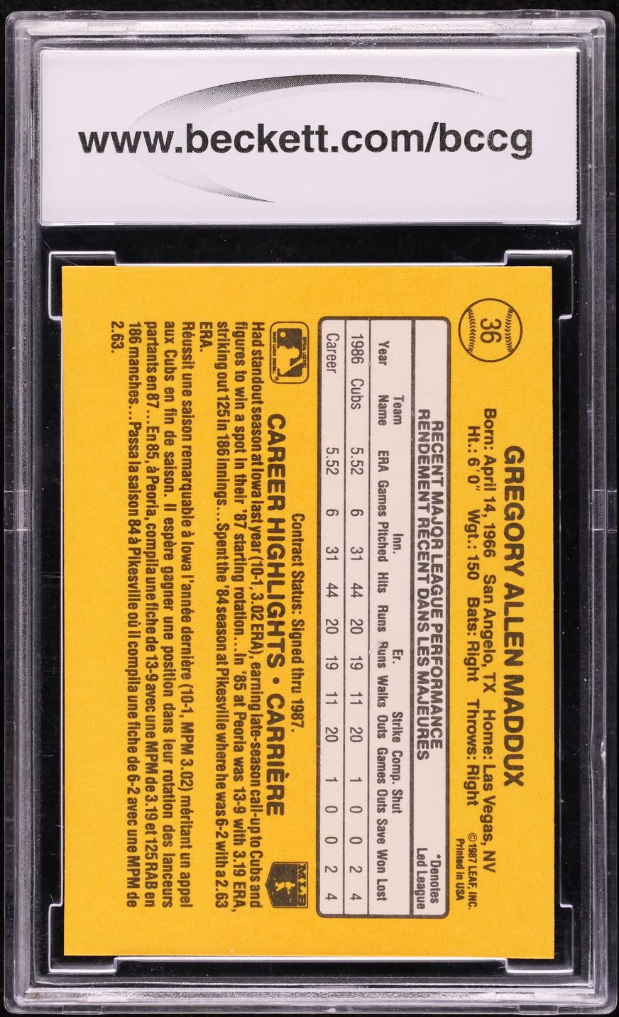 1987 Leaf Greg Maddux ROOKIE #36 BCCG 9