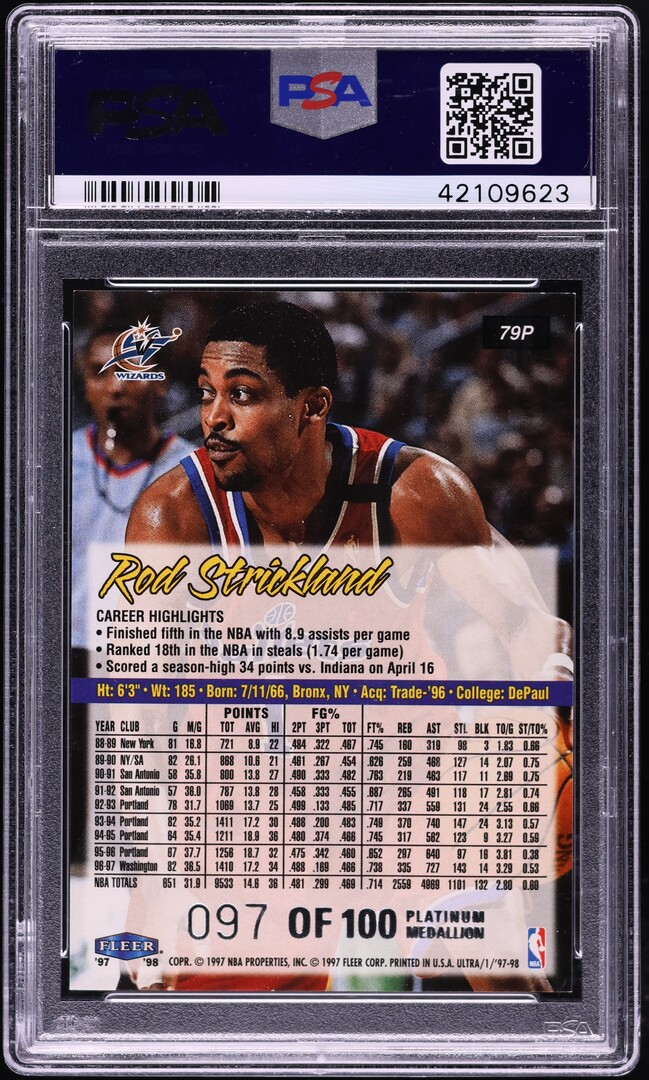 1997 Ultra Platinum Medallion Rod Strickland /100 #79P PSA 9 MINT - Photo 2