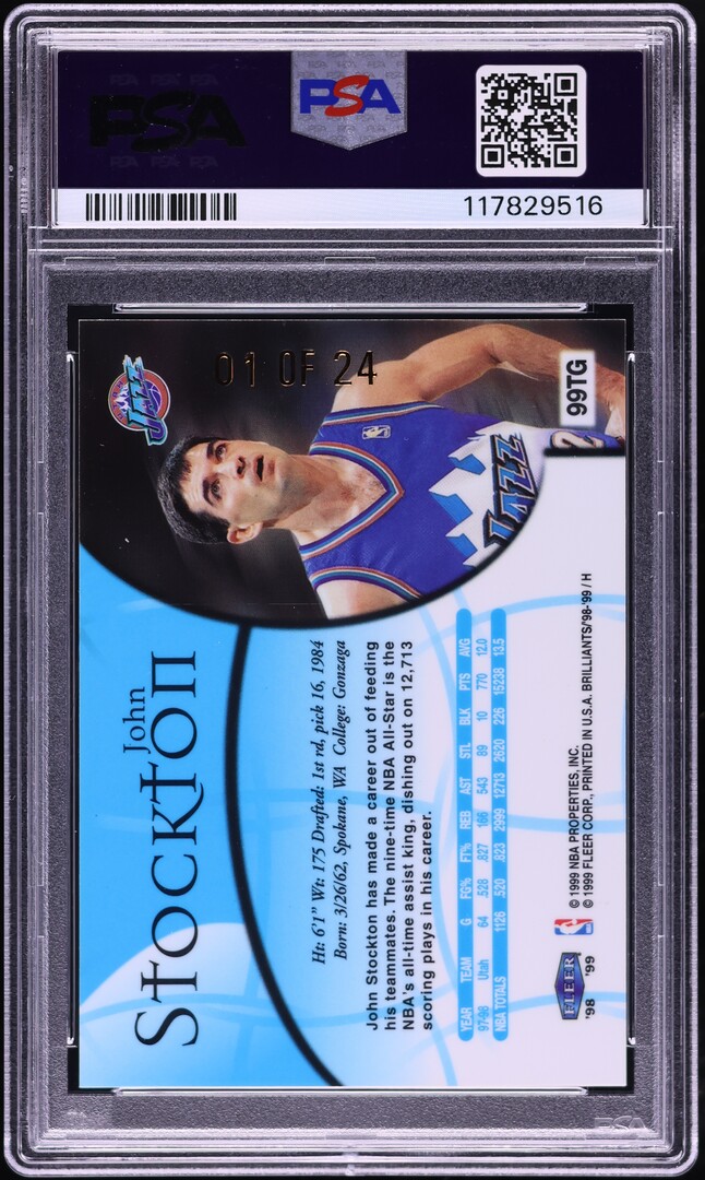 1998 Fleer Brilliants 24kt Gold John Stockton /24 #99TG PSA 7 NRMT - Photo 2