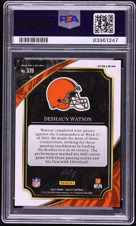 2022 Select Suite Level Black Prizm Deshaun Watson 1/1 #339 PSA 8 NM-MT - Photo 2