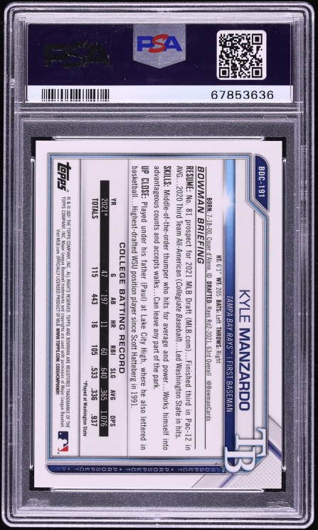2021 Bowman Chrome Draft Sapphire Gold Kyle Manzardo PROSPECT /15 #BDC-191 PSA 10 GEM MINT - Photo 2