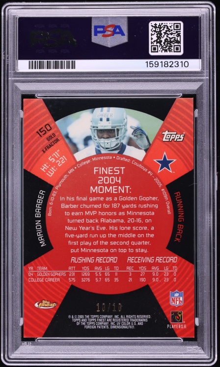 2005 Finest Gold Xfractor Marion Barber ROOKIE 10/10 #150 PSA 7 NRMT - Photo 2