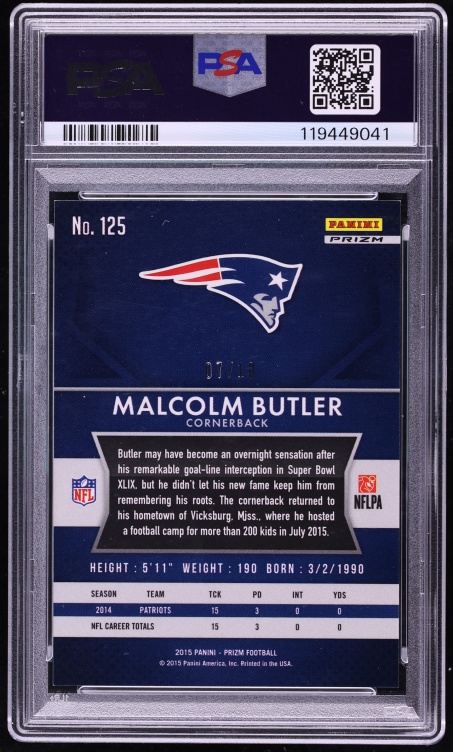 2015 Panini Prizm Gold Malcolm Butler /10 #125 PSA 9 MINT - Photo 2