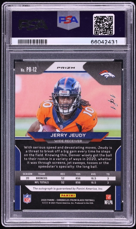 2020 Panini Chronicles Prizm Black Finite Jerry Jeudy ROOKIE AUTO 1/1 #PB-12 PSA 9 MINT - Photo 2