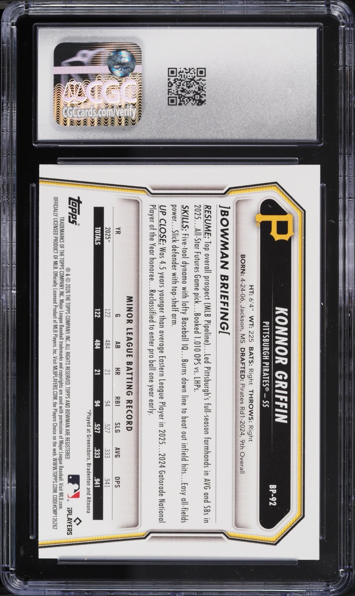 2026 Bowman Konnor Griffin PROSPECT #BP-92 CGC 10 GEM MINT