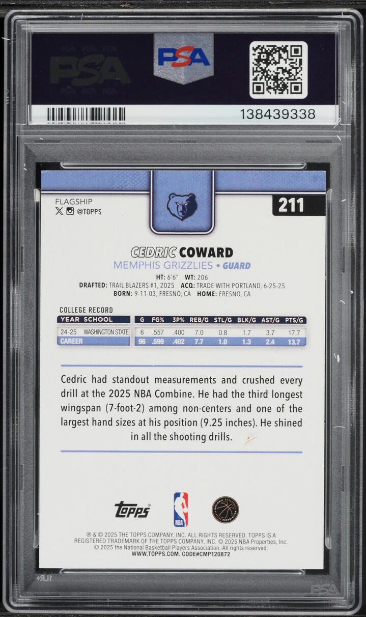 2025 Topps Basketball Cedric Coward ROOKIE #211 PSA 8 NM-MT