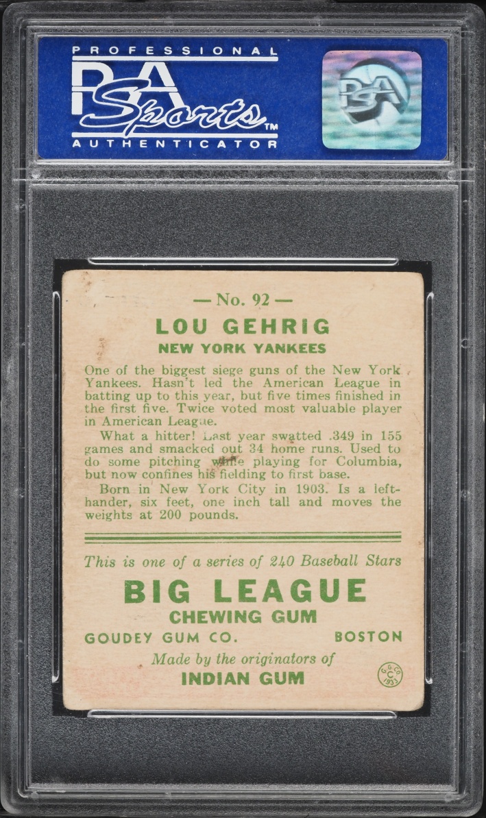 1933 Goudey Lou Gehrig #92 PSA 3 VG